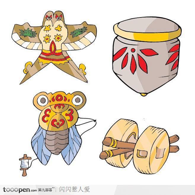 中国风古代玩具-风筝和陀螺