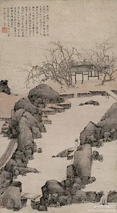 清代 弘仁 戊戌（1658年）作 《林樾寻梅图》 立轴 --- 题识：惠应寺林樾荒古，游屐罕通。元美居士渊穆爱静，停装偃息其中，许子逢尧与俱焉。良友异乡昕夕相对，信足乐也。学人探梅南郊，移筇过访集言两日，颇洽清欢。隔畦普照，海化火逢老导。余至前又出近所作、、、戊戌二月初旬，渐江学人弘仁。