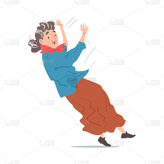年老的女人跌倒，退休的人向后倒，事故，疼痛和伤害卡通风格矢量插图在白色的背景