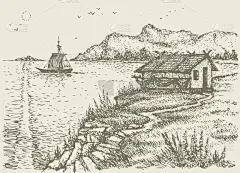 矢量风景。海边的悬崖上的渔夫小屋