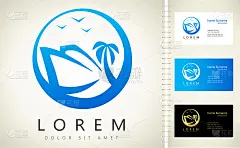 船，棕榈和鸟。旅游的象征。