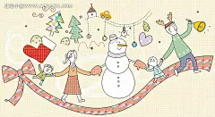 和雪人手牵手走在蝴蝶结上的一家人卡通插画插画|冬天|父母|挂饰|孩子|蝴蝶结|卡通|卡通人物|卡通人物图片|铃铛|漫画人物|人物素材|人物图片|矢量人物|手绘|手牵手|雪人|一家人