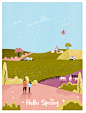 Rural farm in spring or summer landscape postcard.Happy family with kid in natural farm.Vintage pink and green color tone with noise and grainy.