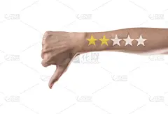 商业手拇指向下与黄色标记在五星评级。理念客户服务卓越。