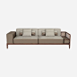 Hermes 2-seater sofa in Canaletto walnut with cane work on the left side. Upholstered in leather and fabric in fawn andcinnamon, fabric bag on the right armrest. Comes with two large pillows and two small pillows in fauve Taurillon H leather and cinnamon