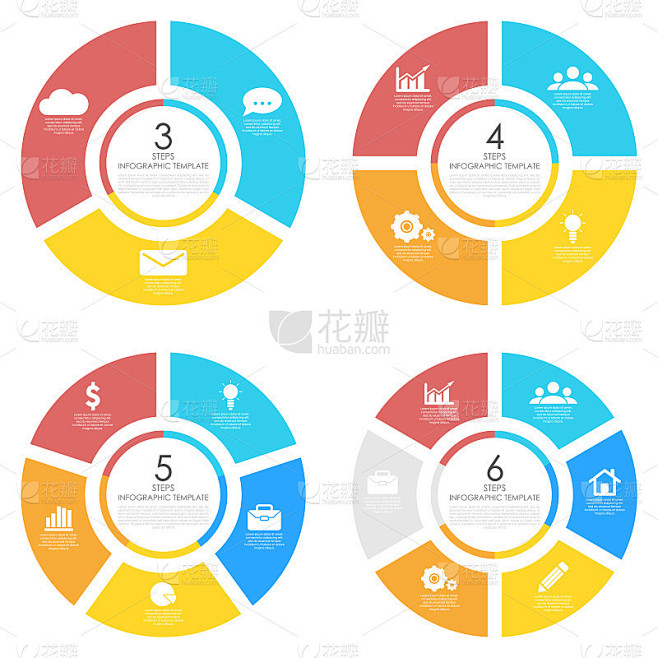 为圆形图，选项，网页设计，图形和圆形信息图设置模板。经营理念有3、4、5、6个要素，步骤，选项。