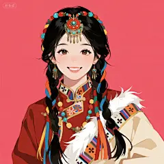 生成一位身着藏族传统服饰的青春甜美少女，她有着乌黑长发，佩戴精致头饰与彩色编发，笑容明媚。场景设定为纯色背景，风格参考清新手绘插画风，色彩鲜艳浓郁，凸显民族特色。采用半身人像构图、正面视角，附加细节包括身上的民族纹样装饰、肩头的传统披挂，复刻出具有民族风情的甜美插画作品 。，比例 「1:1」