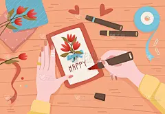 写的信。女人准备节日礼物，手工制作礼物。俯视图女性的手制作生日礼物和签名邀请或贺卡。矢量卡通纸邮件