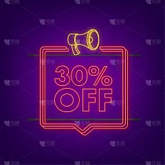 打七折促销霓虹灯横幅和扩音器。折扣报价标签。30%折扣促销平面图标与长影子。矢量图