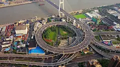 中国晴天上海市著名交通环路路口空中全景 