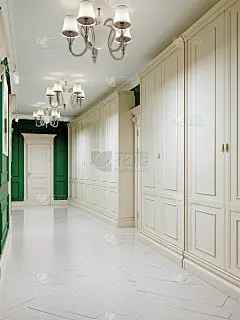 经典风格的走廊，绿色的墙壁和白色的门和木板墙壁。两个大衣柜。墙上的画。