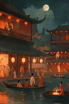 AI数字艺术古风中元节七月半祭祀插画