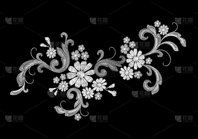 黑色白色维多利亚刺绣花卉装饰。_5130...
