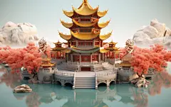 蓝天白云古风建筑3d古风建筑植物树木