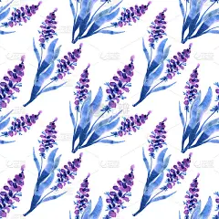无缝模式水彩手绘蓝色和紫色抽象薰衣草与叶子孤立的白色背景。花店，婚礼，庆典，墙纸，纺织品，包装