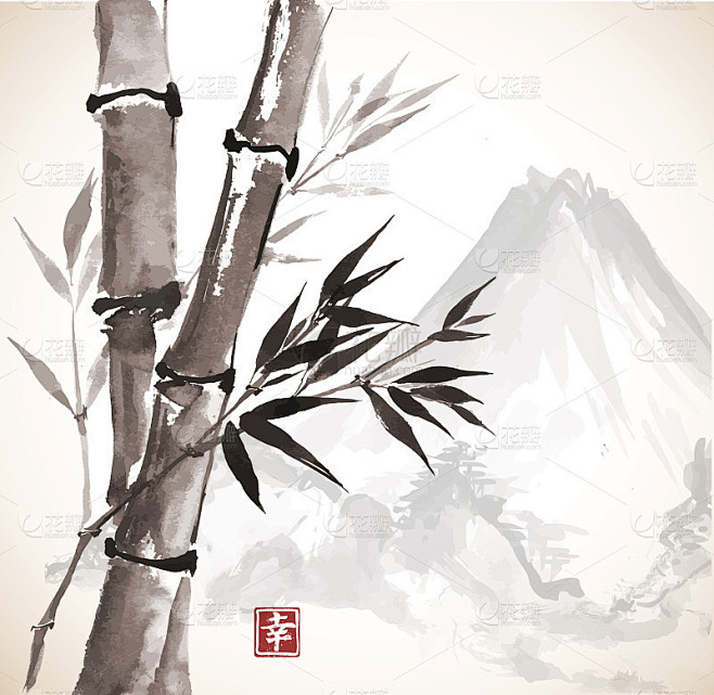 竹和山，用墨水手绘