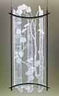 Custom fused etched art glass chandelier lighting fixtures  http://www.crystalglassstudio.com/panels/panels_etched_divider.html#: 