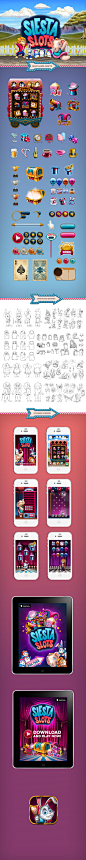 马戏团-Siesta Slots Mobile Game : Siesta Slots is a cute casino game for mobile devices, which combines a classical slot game with match three game features. As the only artist assigned for this project I was responsible for every visual element of the game