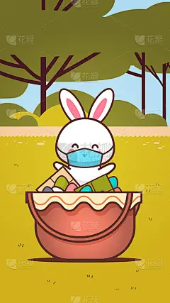可爱的兔子戴着带鸡蛋的面具，戴着防冠状病毒的快乐复活节兔子贴纸