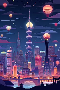 黑夜星空建筑漫画扁平风插画