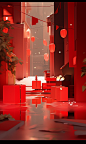 A red scene with a red street with green paper, in the style of 8k 3d, festive atmosphere, vray, playful character designs, light red and gold, minimalist still life, packed with hidden details