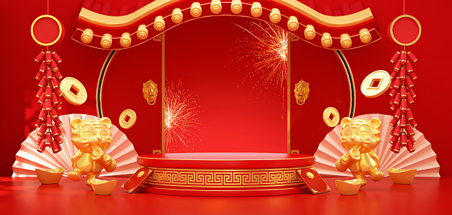 潮国创意_红色中国风c4d鞭炮背景春节新...