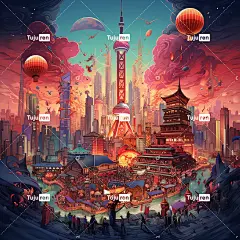 中国艺术，中国人庆祝他们的国庆，上海，东方明珠塔，使用迷幻配