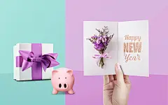 分辨率/合成图像/购物/对象/手/抢/礼品/礼品/卡[邮件] /纸/新年/花/花束/猪/ 2019 /彩色/猪/体/贺卡/留言/分流/紫色/女人/