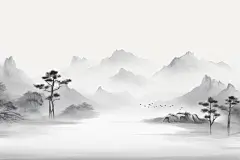 风景水墨画山峦云雾画作水墨插画图片