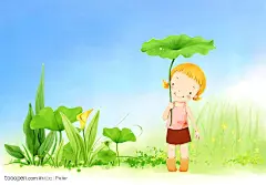 手绘儿童插画之撑着绿色荷叶的女孩和手绘植物背景