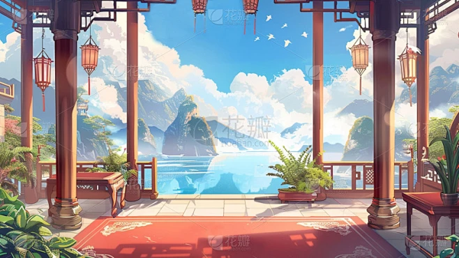 通用中式中国风国风山水门庭场景背景素材素材-花瓣网