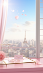 a pink box with flowers in it, white curtains，in the style of grandiose cityscape views, the Eiffel Tower in the city, sun halo in the foreground,anime inspired, glass as material, soft and dreamy atmosphere, spectacular backdrops, playful details, spatia