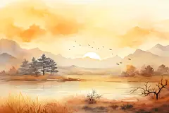 水墨秋天风光国画中国风插画