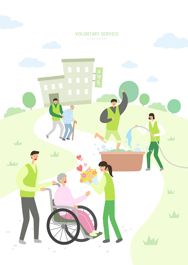 轮椅老人鲜花水盆养老院义工服务关心关爱插图插画设计psdtid274t
