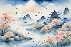 手绘国画中国风水墨画山水画插画