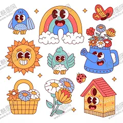 扁平风潮流图案元素 【酷图网】扁平风,潮流图案元素,潮流图案,彩虹,太阳,小鸟,鲜花,水壶,花篮,鸟巢,卡通插画,卡通贴纸,水彩元素,水彩插画,插画元素,手绘插画,插画设计,矢量元素,元素设计