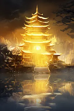 云雾缭绕古风古韵金线城市建筑插画