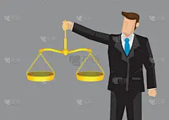 卡通人穿着正式西装持有金色天平秤, 像正义的天平。在灰色背景下维护职业道德概念的向量例证.
