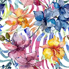 兰花植物花。野生春叶野花。水彩插图集。水彩画时尚水瓶座。无缝的背景模式。织物壁纸打印纹理.