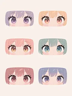 动漫风格插画，浅色背景上，上下两行对齐排列6双不同配色、不同形状的眼睛元素，每双眼睛都有精致的睫毛、高光和渐变瞳孔，搭配不同发色的刘海，整体画面清新可爱，细节丰富，色彩柔和，视觉层次分明。