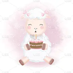 可爱的小绵羊和蛋糕手绘卡通动物插图