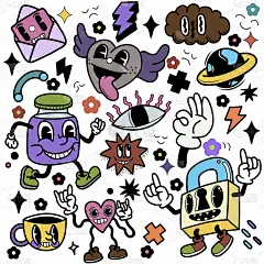 手绘抽象有趣可爱的漫画人物。海报、封面、广告插图。复古和复古设计插图。