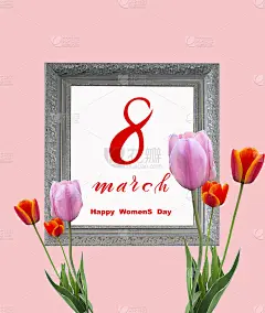 三八妇女节!3月8日的平铺，横幅，鲜花贺卡。