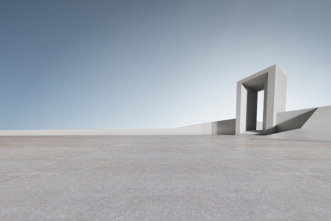 3d渲染混凝土建筑与停车场，空水泥地板。