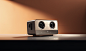 a bold metal bluetooth speaker sitting on a smooth brown surface, in the style of minimalism, gradient background, dark beige and light amber, contrasting shadows, clean and streamlined, side view, in the style of rendered in cinema4d, realistic rendering