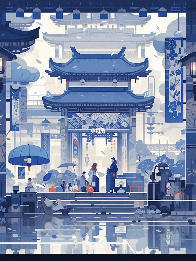 Ai国风插画|蓝色系中国图片_AI场景图片素材-花瓣网