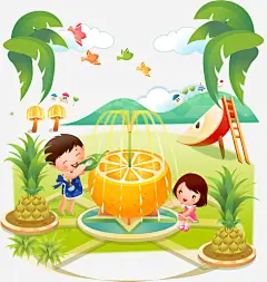 手绘卡通橙子喷泉高清素材 卡通橙子喷泉 手绘 童话 免抠png 设计图片 免费下载