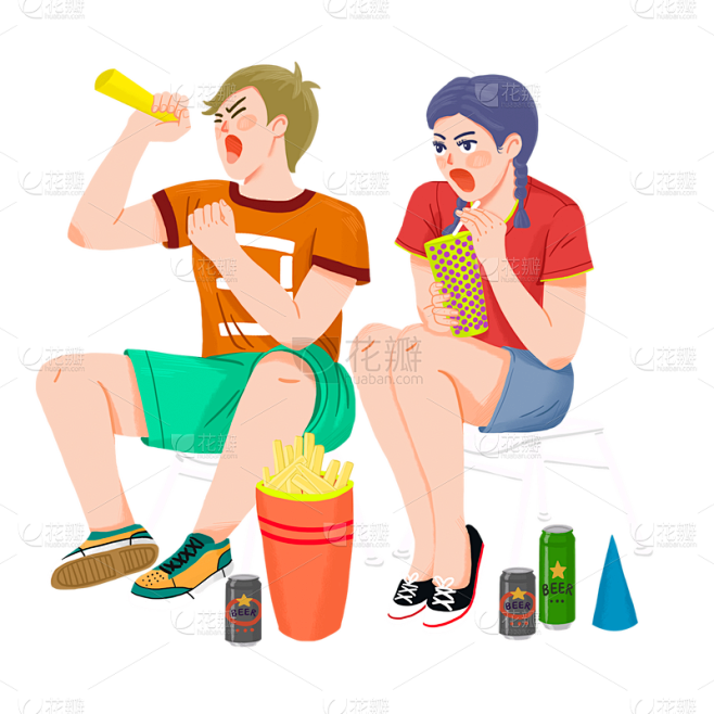 手绘-看球赛人物场景插画贴纸4