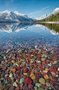 Lake McDonald, Montana.The rocks are really that color. Many of the houses use these for fireplaces, fences, and mailbox stands. Wow--it looks as if the lake goes on and on forever. Those mountains are spectacular.