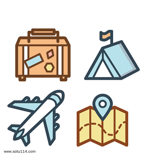旅行图标旅行箱帐篷飞机地图矢量元素图标